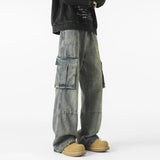 Mens Loose Fit Straight Wide Leg Cargo Jeans outdoor Multi Pocket Patchwork Denim Pants Trending Streetwear Utility Style