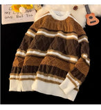 American autumn and winter street fashion personalized jacquard round neck pullover for couples loose retro color blocked knit