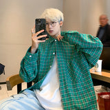 Harajuku Long Sleeve Plaid Shirts Men Autumn Loose High Street All-match Shirt Gentleman Camisa Check Tops Stylish 5XL-M