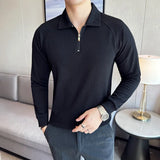 Men High Elastic Long Sleeve Polo Shirts Autumn Winter Knitted Pullover Turn Down Collar Slim Fit Solid Casual Tee Shirt
