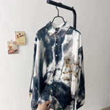 Men Trendy Vintage Ink Wash Tie Dye Print Lapel Button Up Shirt Y2K Harajuku Streetwear Long Sleeve Loose Tops Camisas De Hombre