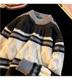 American autumn and winter street fashion personalized jacquard round neck pullover for couples loose retro color blocked knit