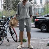 New Summer Men's Set Loose Casual Sports Suit High-quality Jacquard V-neck Short-sleeved Shorts Two-piece Men's Clothing