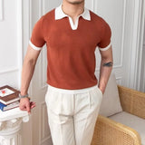 New Trend Men Business Polo Shirt Light Luxury Popular Slim V Neck T-shirt Leisure Patchwork Short Sleeve Tops Retro Knitwear