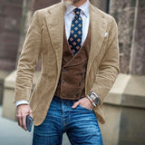Men's Corduroy Blazer Jacket Beige Slim Fit Comfortable Elegant Business Casual Suit Coat with Large Pockets Stylish Formal Mens