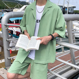 Summer Two-Piece Men's Sets Shirt and Shorts Casual Outfits Oversized Short Suit Plain Clothes Clean Fit Black White Green