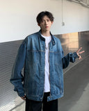 New High Street Men's Zip-up Denim Jackets Casual Washed Streetwear Stand Collar Texture Korean Harajuku Retro Long Sleeve Coats