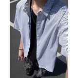 Summer Short Sleeved Shirt Men Black Blue Casual Shirt Men Streetwear Korean Loose Striped Shirt Mens Formal Dress Shirts
