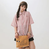 Summer men Short Sleeve Shirt For Men Striped Loose Polos Lapel Shirts New unisex High Street Pocket Blouse Couple shirt