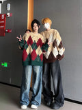 Autumn and winter men and women street personalized design spliced round neck sweater for couples loose retro knitted casual top