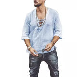 Men's T-shirt Short Sleeve Chest Lace-up T-shirt Loose Top Summer V-Neck Medieval Tunic Top