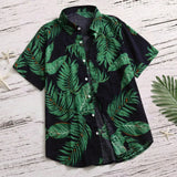 Hawaiian Shirt Men Holiday Short Sleeve Red Shirt Turn Down Collar Leaf Print Vacation Beach Tops Clothing Camisas