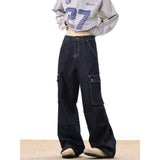 Harajuku Vintage Dark Blue Cargo Pants Jeans men Multi-pockets Male Loose Straight Denim Pants Four Seasons Trousers Streetwear