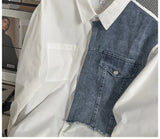 Japanese High-end Denim Jacket Spliced Long-sleeved Shirt Men's Niche Design Sense High Street Couple Loose Casual White Shirt