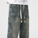 Spring new Men's Jeans Korean Fashion Elastic waist Straight Denim Pants  Washed Cotton Grid diagram Wide Leg Jean Trousers