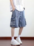 Summer Denim Cargo Shorts Men Flap Pockets Wide Leg Baggy Jeans Shorts Big Size 8XL 7XL 6XL Loose Fit Straight Jean Short Male