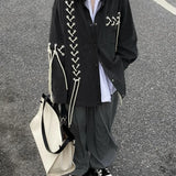 Unisex Vintage Punk Black Shirt Coat Men Women Spring Autumn Japanese Harajuku Tie Rope Top Versatile High Street Shirt