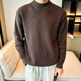 New Korean Retro Men Basic Sweaters Luxury Knit Solid Color Mock Neck Long Sleeve Pullover Casual Textured High Quality Knitwear