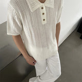 New Japanese Vintage Men Polo Shirt Trendy Leisure Hollow Out T-shirts Casual Solid Color Short Sleeve Breathable Retro Knitwear