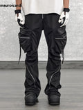 Spring Autumn Cool Black Cargo Pants Men with Big Pockets Long Zipper Luxury Designer Clothing Trousers Fashion