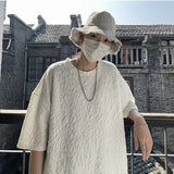 Pleated T-shirts Men Baggy Solid O-neck Half Sleeve Leisure Korean Style High Street Vintage Daily Normcore Youthful Vitality