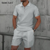 Spring Summer Casual Mens Waffle Sets Stylish Short Sleeve Zipper Polo Shirt And Shorts Men Outfits Fashion Two Piece Suits