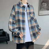 Long Sleeve Plaid Shirts Men Autumn Casual Loose Harajuku Vintage High Street Daily All-match Gentleman Camisa Plus Size 5XL-M