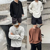 Unisex Long Sleeve Tops Simple Comfortable Draped Henry Collar Tops Leisure Fashionable Texture Hoodless Daily Long Sleeves
