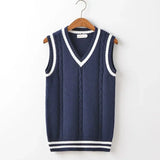 Striped White Knitted Sweaters for Men Blue Sleeveless Man Clothes V Neck Vest Red Waistcoat Jumpers Sweat-shirt Cigaret Cotton