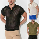 Summer Mens Hollow Out Knit Polo Shirts Sexy See Through Short Sleeve V-lapel Tops Fashion Mesh Loose Casual T-shirt Streetwear