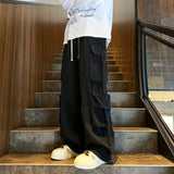 Multi-pockets Ribbons Jeans Men Wide Leg Denim Pants Straight Baggy Men's Cowboy Hip Hop Streetwear Neutral Mopping Trousers