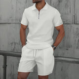Spring Summer Casual Mens Waffle Sets Stylish Short Sleeve Zipper Polo Shirt And Shorts Men Outfits Fashion Two Piece Suits