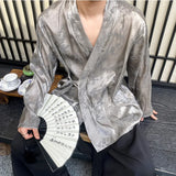 Chinese Style V-neck Shirts Spring Male Printing Vintage Tops Long Sleeve Lace-up Men's Wear New Stylish Tops