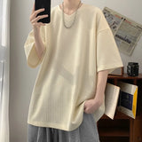 Summer Men's Texture T Shirt Leisure Half Sleeve V Neck Solid Color Loose Basic TShirt Popular Streetwear White/Black/Apricot