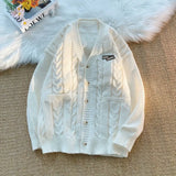 Letter Twists Cardigan Sweater Men New Preppy Grunge Cityboy Knit Jacket Japan Couple Casual V-neck Sweater Coat