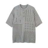Mens Hollow Knit Polo Shirts Streetwear Vintage Argyle Tees Tops Men Oversized Harajuku Summer New Casual Short Sleeve T-Shirts