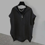 Men Solid Zipper Hoodies Sleeveless Loose High Street All-match Sporty with Hat Fashion Side-slit Young Korean Style Male Tops