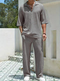 Spring Men's Casual Solid color lapel Shirt High quality Sports fashion pullover half-sleeve top with two-piece set