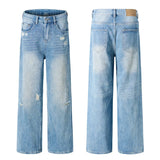 American Style Men's Jeans Holes Design Washing Gradient Color Summer Straight Leg Loose Male Denim Trousers Simple