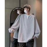 Loose Casual Tshirt Men Fake Two-piece Long Sleeve T Shirt Neutral Streetwear Fashion Women Korean Pullover T-shirts Gray/Black