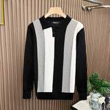 British Retro Men's Knitted Polo Shirt Light Luxury Patchwork Slim-fit Long Sleeve T-shirts Autumn Leisure Business Tops M-3XL