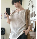 Street Punk Shirt Off-shoulder Hollow T-shirt American 2025 New High-end Style Fashionable Casual Loose Short Sleeves