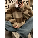 Korean style patchwork striped sweater for men in autumn and winter lazy loose knitted sweater round neck retro trendy sweater