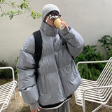 New Winter Stand Collar Loose Bright Leather Fabric Puffer Jacket Men Couple Thick Warm Cotton Padded Coat Men's Warm Parkas
