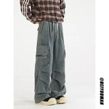 Loose straight Jeans Men Denim Cargo Pants Wash Solid Color Multi Pockets Casual Mid Waist Trousers Unisex Daily Wear Joggers