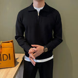 Autumn Casual Men Polo Sweater Light Luxury Zip-up Solid Color Long Sleeve Knitted Pullover Daily Commuting Basic Knitwear M-3XL