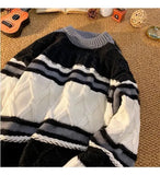 American autumn and winter street fashion personalized jacquard round neck pullover for couples loose retro color blocked knit