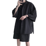 Summer Shirt Set Men Oversized Fashion Society Mens Black Formal Sets Korean Loose Casual White Striped Set Mens Plus Size 5XL