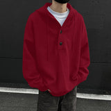 4Colors Mens Knitted Hooded Sweaters Solid Color Casual Pullover Spring Autumn Comfortable Buttons V-neck Loose Lazy Sweater