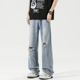 2025 Spring New Men's Ripped Jeans Baggy Straight Classic Light Blue Wide Leg Pants Elastic Waist Vintage Fashion Trousers Male